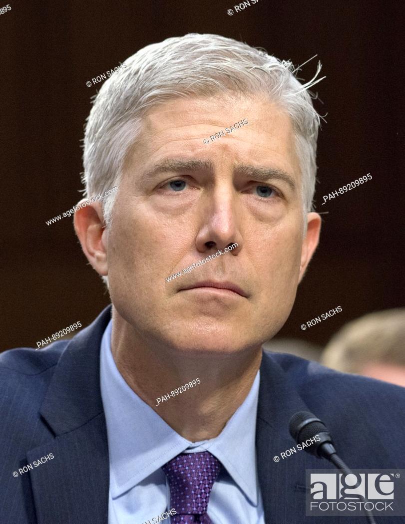 Stock Photo: Judge Neil Gorsuch testifies before the United States Senate Judiciary Committee on his nomination as Associate Justice of the US Supreme Court to replace the.