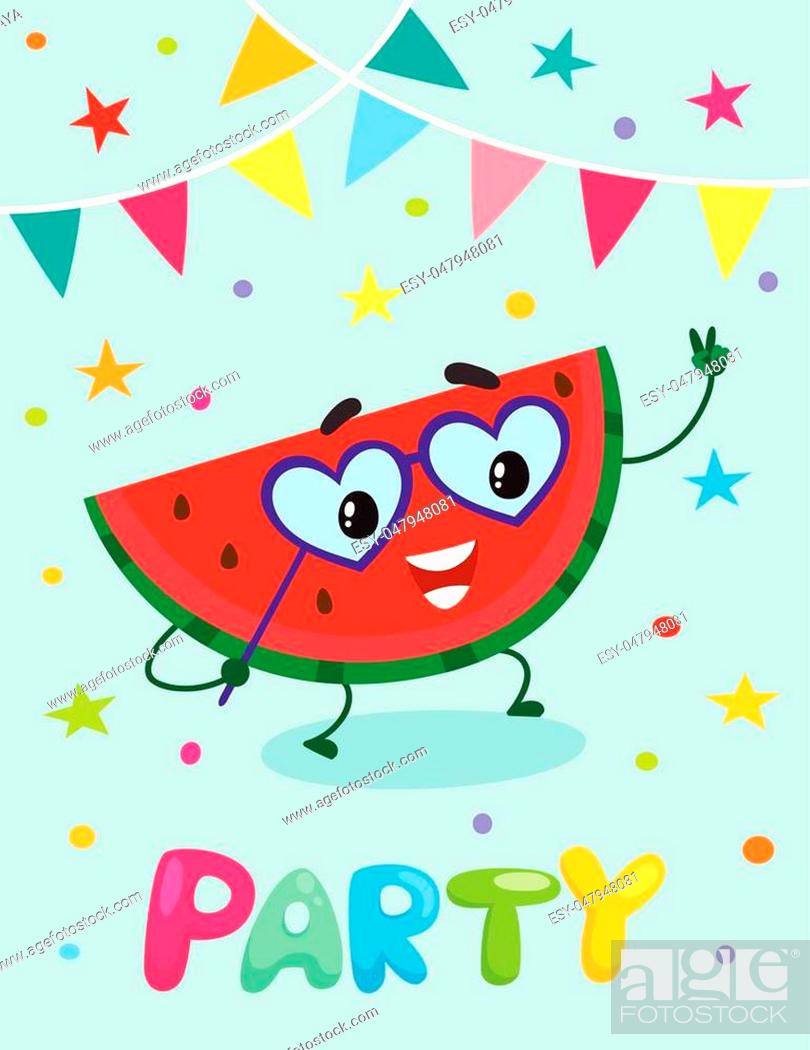 Party banner, flayer, invitation template with cartoon watermelon fruit  character having fun, Stock Vector, Vector And Low Budget Royalty Free  Image. Pic. ESY-047948081 | agefotostock