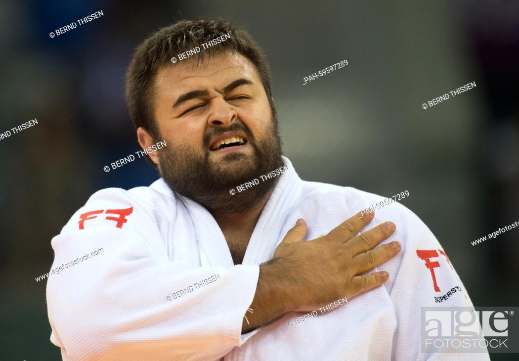 Stock Photo: Adam Okruashvili of Georgia celebrates after winning gold in the Men's +100kg Final at the Baku 2015 European Games in Heydar Aliyev Arena in Baku, Azerbaijan.