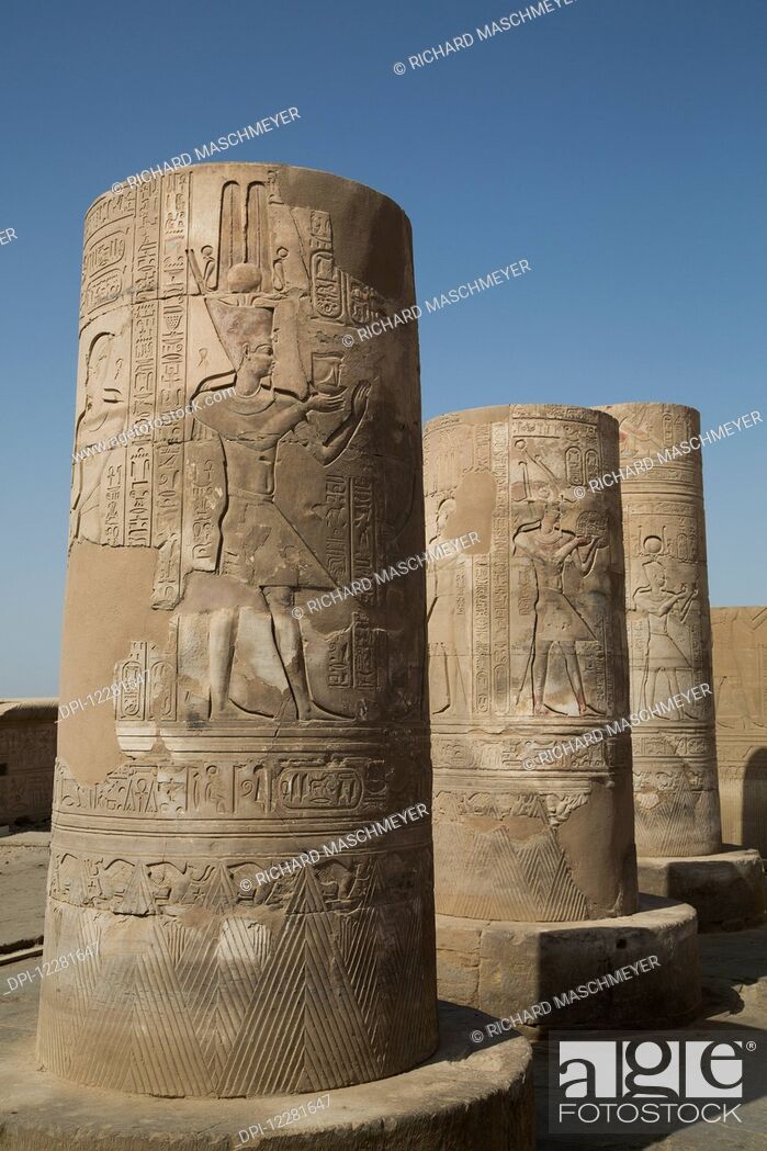 Stock Photo: Pillars with bas-relief, Forecourt, Temple of Haroeris and Sobeck; Kom Ombo, Egypt.