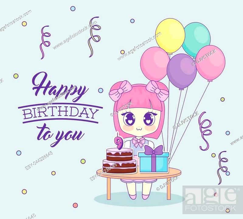Happy birthday design with kawaii anime girl with table with cakes and gift  boxes over background, Stock Vector, Vector And Low Budget Royalty Free  Image. Pic. ESY-044236645 | agefotostock