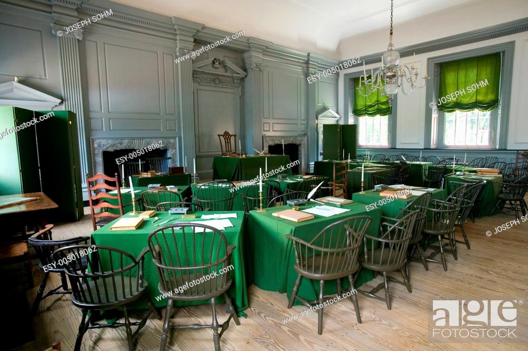 Stock Photo: The Assembly Room where Declaration of Independence and U.S. Constitution were signed in Independence Hall, Philadelphia, Pennsylvania.