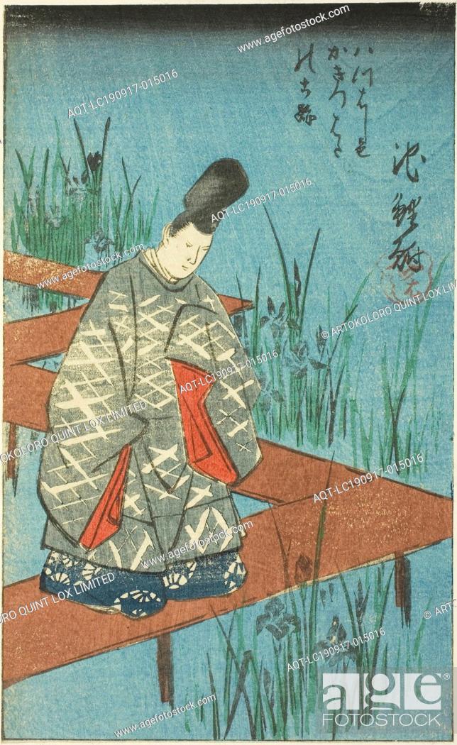 Stock Photo: Chiryu: The Old Story of the Irises at Yatsuhashi Bridge (Yatsuhashi no kakitsubata no koji), section of sheet no. 12 from the series Pictures of the.
