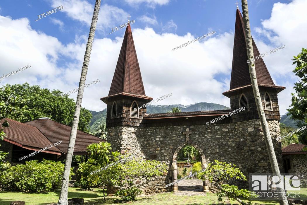 Stock Photo: Entrance gate to the Notre Dame Cathedral of Taiohae (Cathédrale Notre-Dame de Taiohae) complex. Taiohae, Nuku Hiva, Marquesas Islands, French Polynesia.