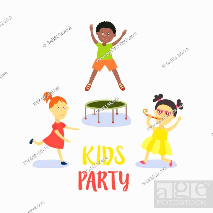 vector flat cartoon kids at party set. Black boy jumping on trampoline  happily, Stock Vector, Vector And Low Budget Royalty Free Image. Pic.  ESY-052490198 | agefotostock