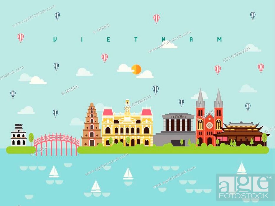 Stock Vector: Vietnam Famous Landmarks Infographic Templates for Traveling Minimal Style and Icon, Symbol Set Vector Illustration Can be use for Poster Travel book, Postcard.