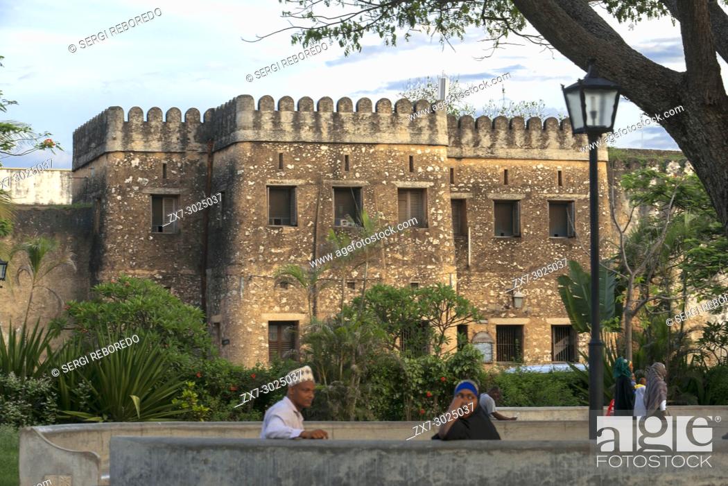 Stock Photo: View of The Old Fort from Forodhani Gardens, Stone Town, Zanzibar, Tanzania.