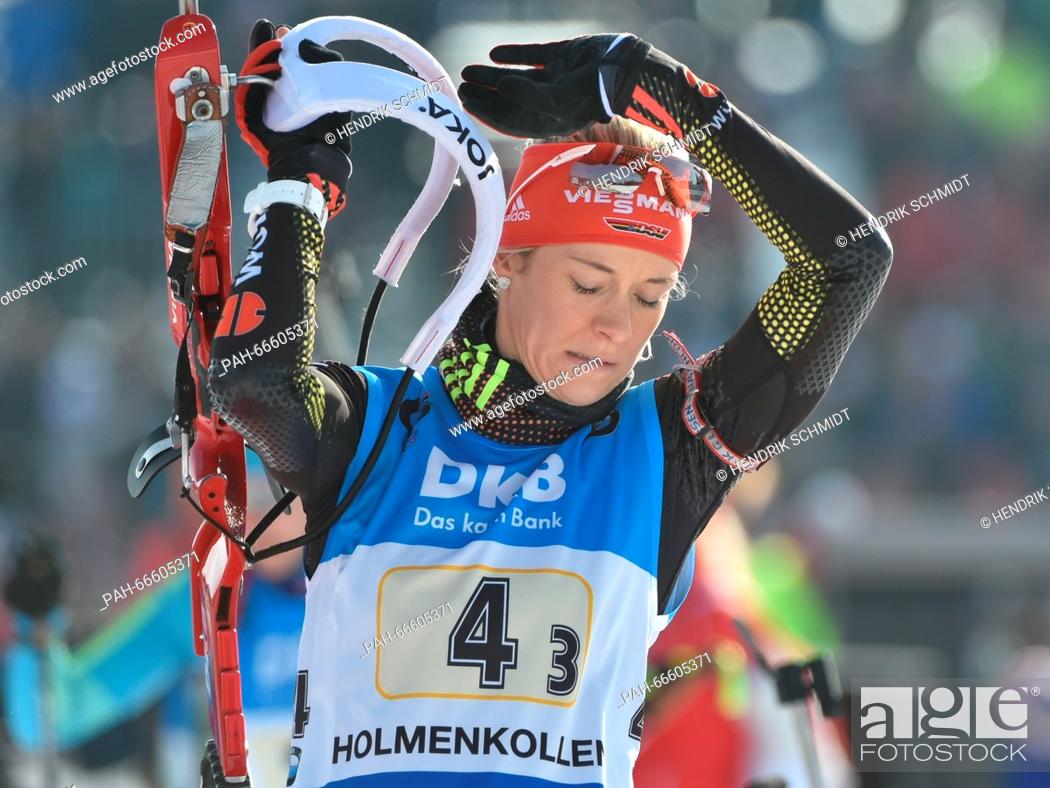Stock Photo: German Maren Hammerschmidt at the shooting range before the women 4x6 km Relay competition at the Biathlon World Championships, in the Holmenkollen Ski Arena.