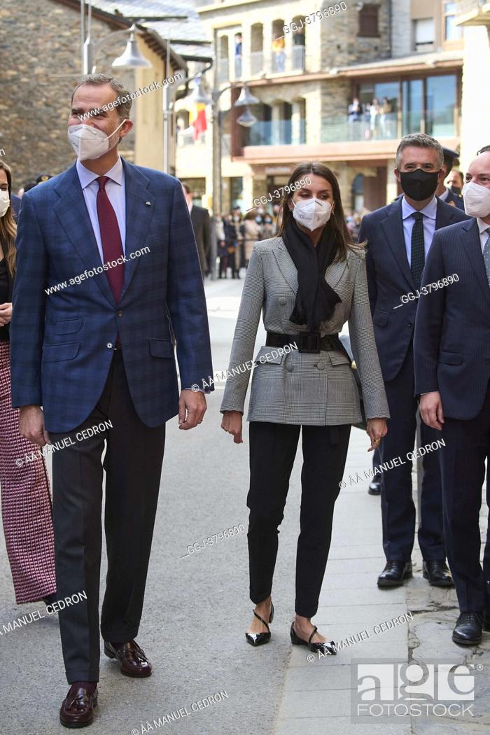 Stock Photo: King Felipe VI of Spain, Queen Letizia of Spain visit Casa d'Areny-Plandolit during 2 day State visit to Principality of Andorra on March 26, 2021 in Ordino.