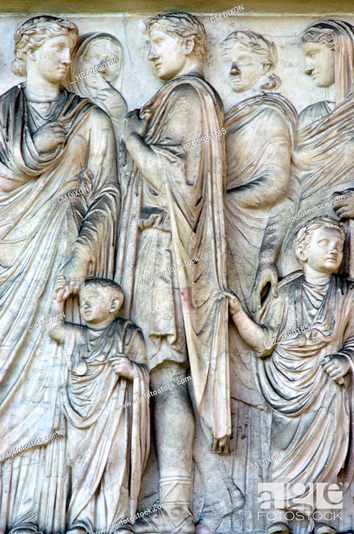 Stock Photo: Detail from the Ara Pacis, which was consecrated on 4th July 13BC to commemorate the Pax Augustus. The detail is of the members of Senatorial families of Rome.