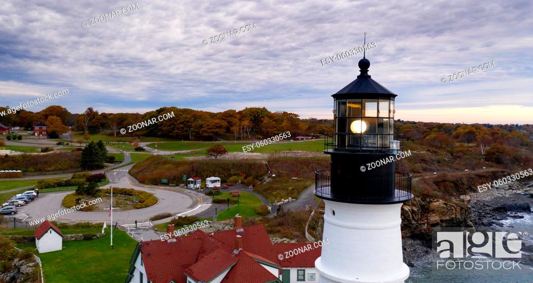 Stock Photo: Aerial view Portland Head Lighthouse tower State of Maine.