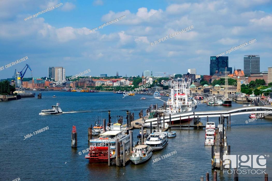 Stock Photo: Hamburg, Germany - city view of Hamburg harbor, with Elbe promenade, Ueberseebruecke, Elbe, city center, St. Pauli, Altona, Landungsbruecken, museum ships.